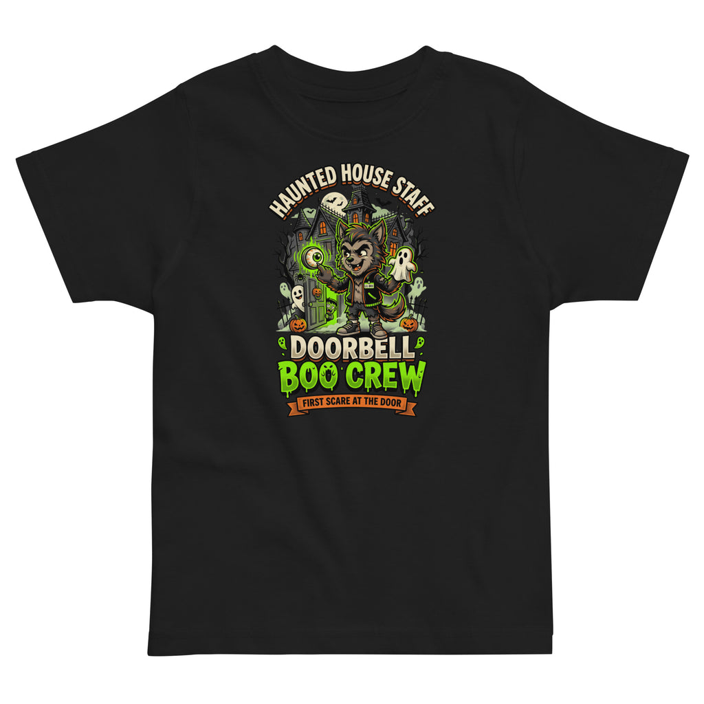 Haunted House Staff Lil Bro “Doorbell Boo Crew” Toddler Jersey T-Shirt with Doorbell Boo Crew front design and matching LIL BRO back graphic for Halloween family outfits