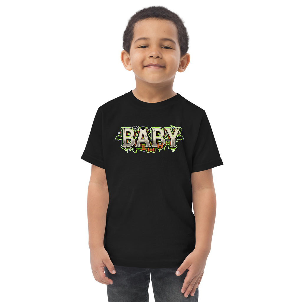 BABY Halloween monster name Toddler Jersey T-Shirt in Navy with spooky front lettering and blank back