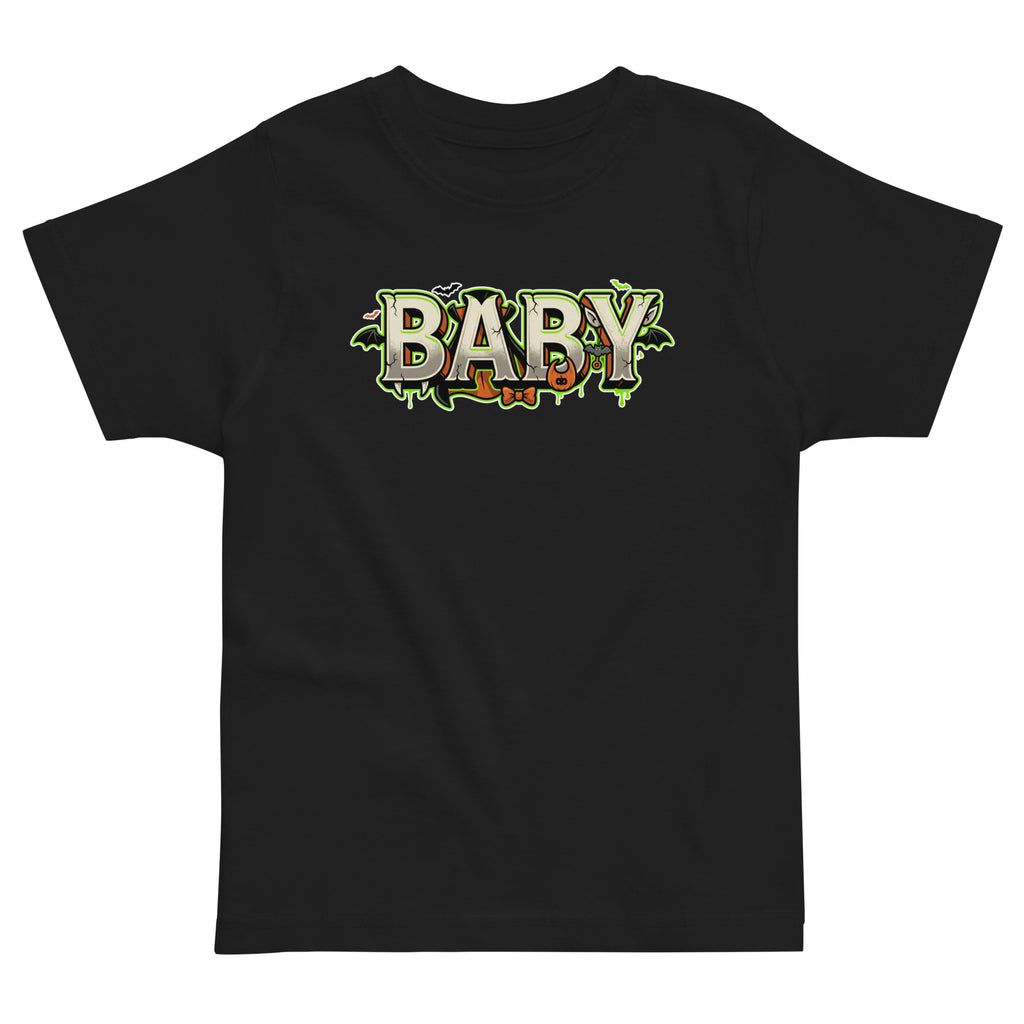 BABY Halloween monster name Toddler Jersey T-Shirt in Black with spooky front lettering and blank back