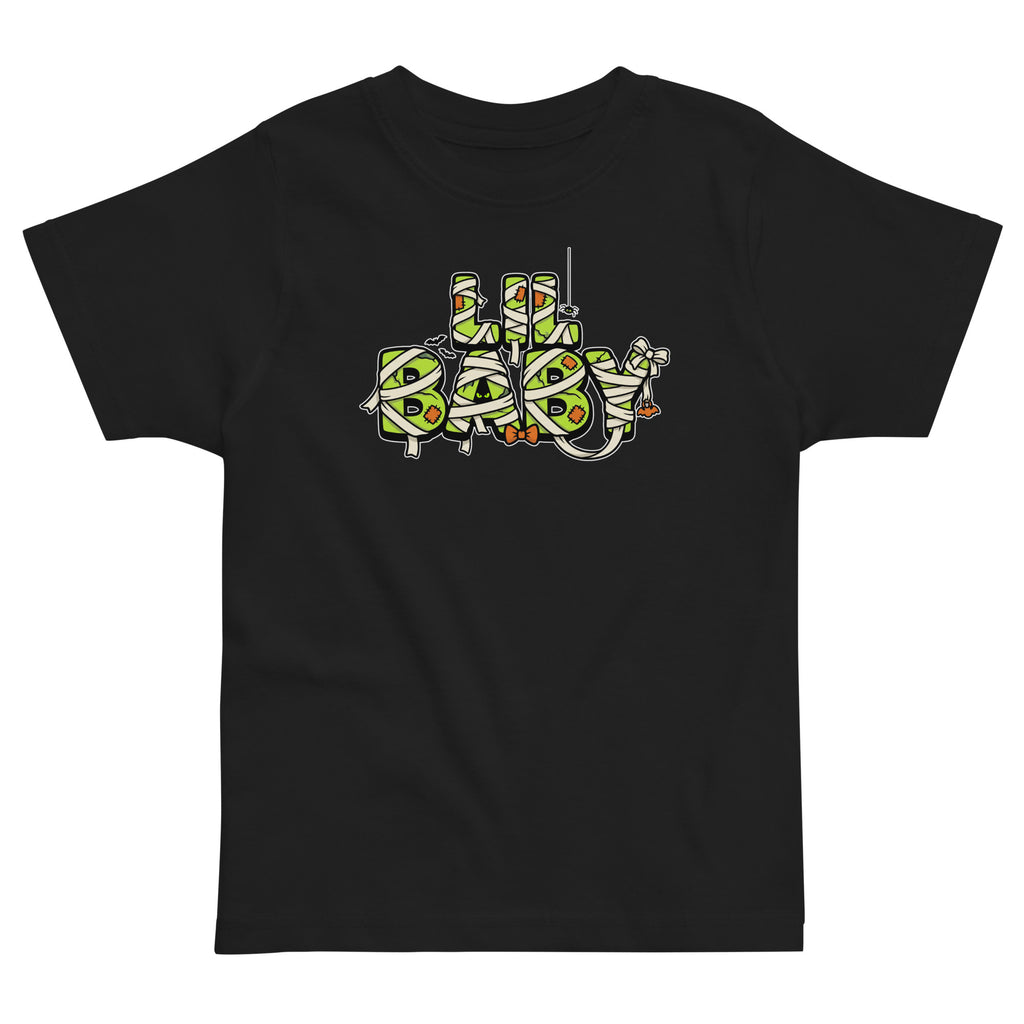 LIL BABY Halloween monster name Toddler Jersey T-Shirt in Black with spooky front lettering and blank back