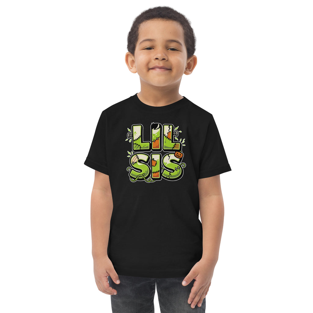 LIL SIS Halloween monster name Toddler Jersey T-Shirt in Navy with spooky front lettering and blank back