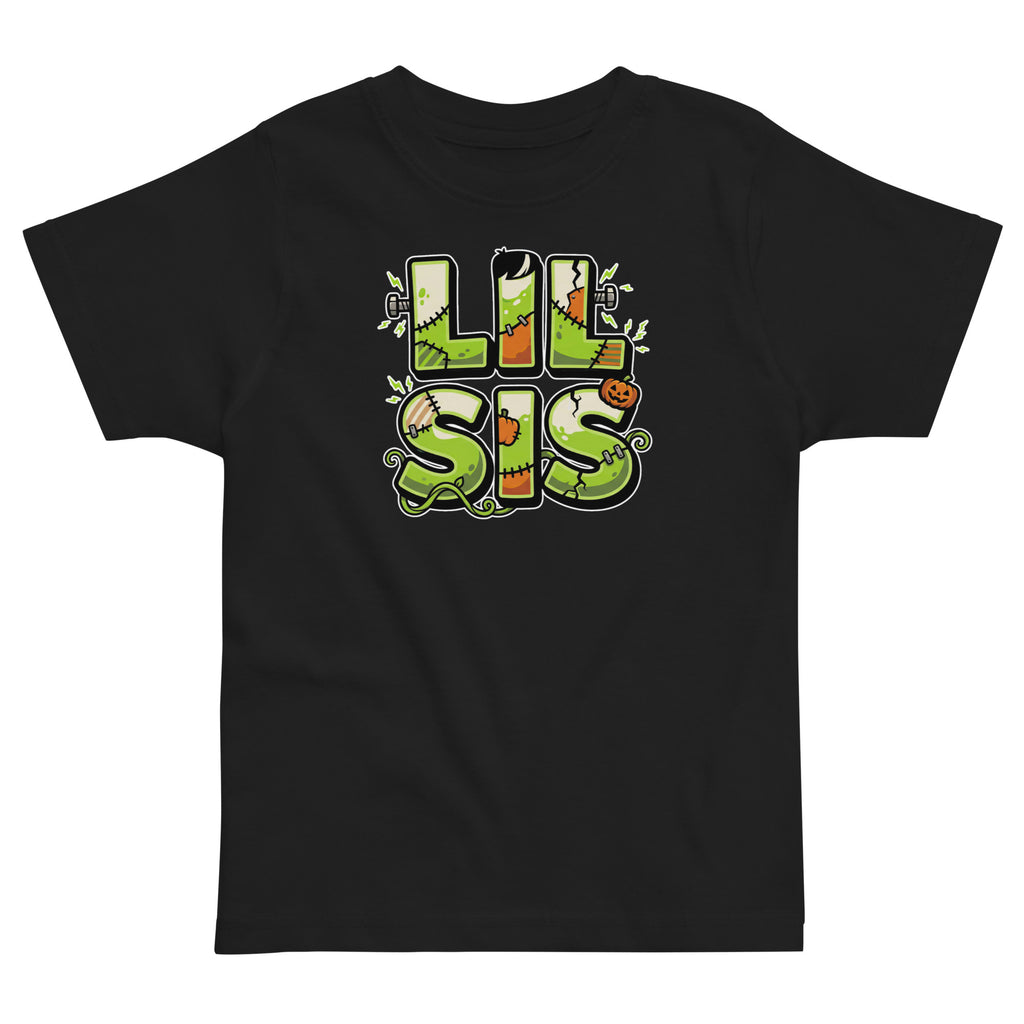 LIL SIS Halloween monster name Toddler Jersey T-Shirt in Black with spooky front lettering and blank back