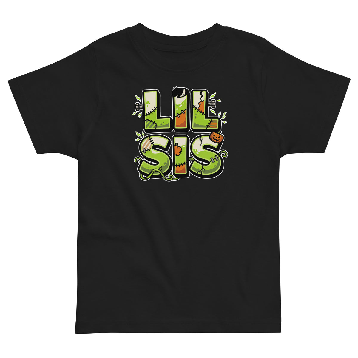 LIL SIS Halloween monster name Toddler Jersey T-Shirt in Black with spooky front lettering and blank back