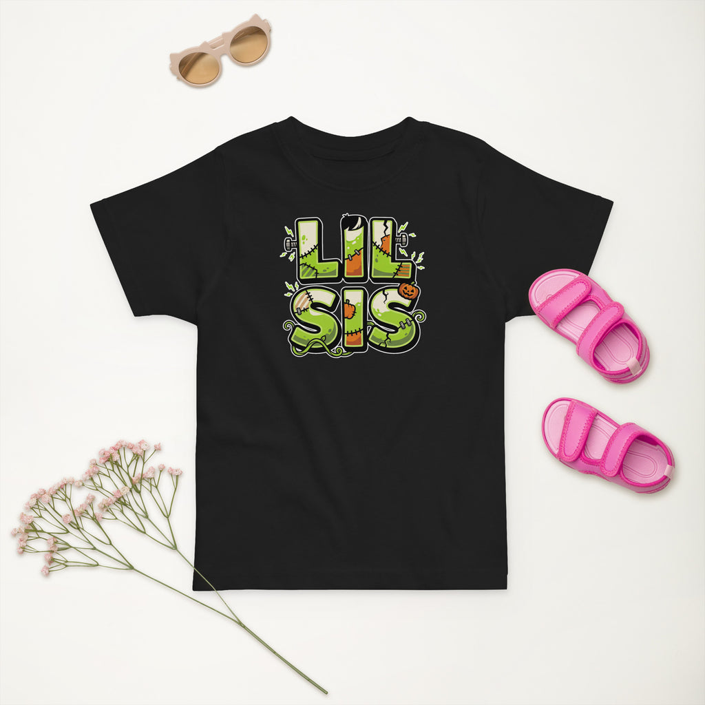 LIL SIS Halloween monster name Toddler Jersey T-Shirt in Heather with spooky front lettering and blank back