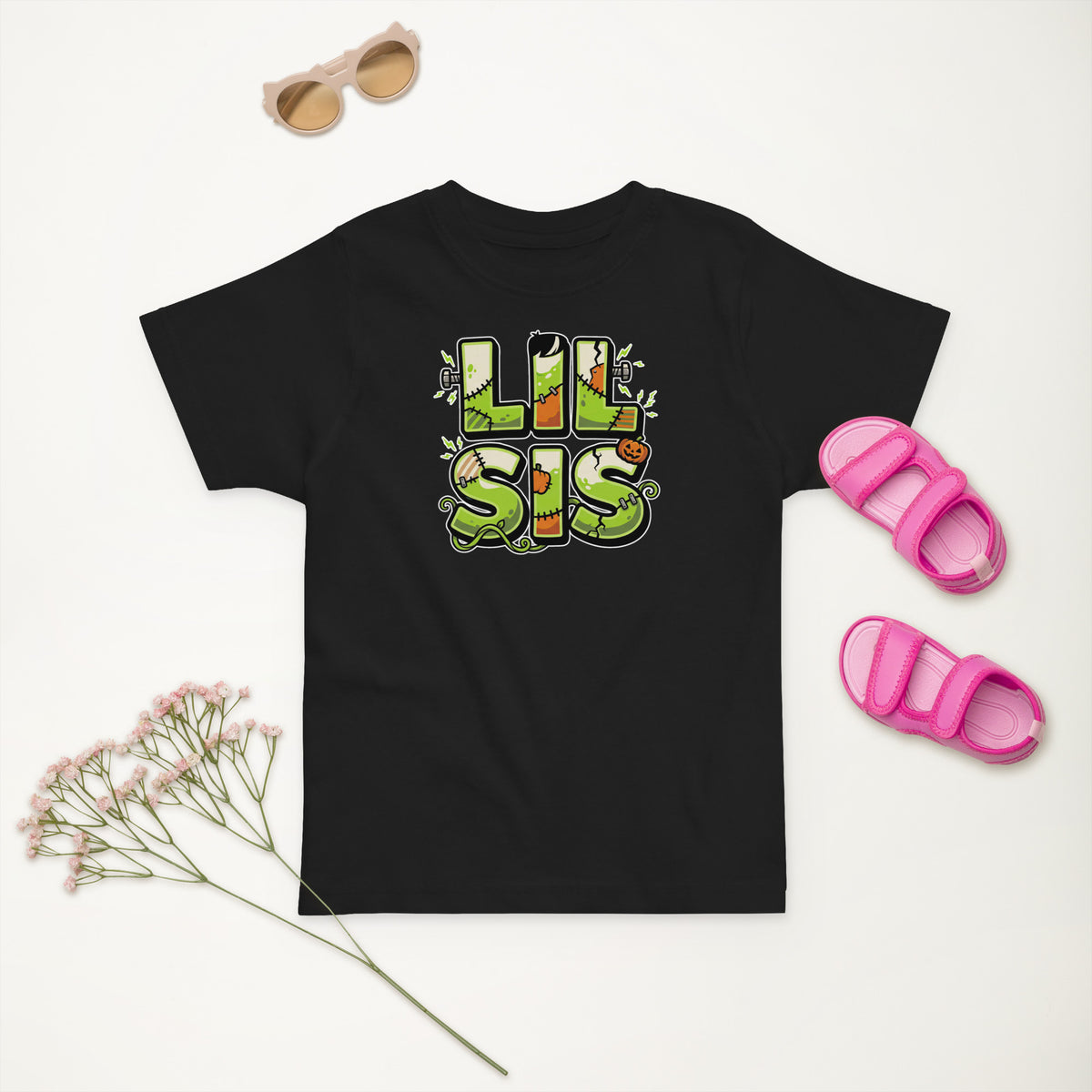 LIL SIS Halloween monster name Toddler Jersey T-Shirt in Heather with spooky front lettering and blank back