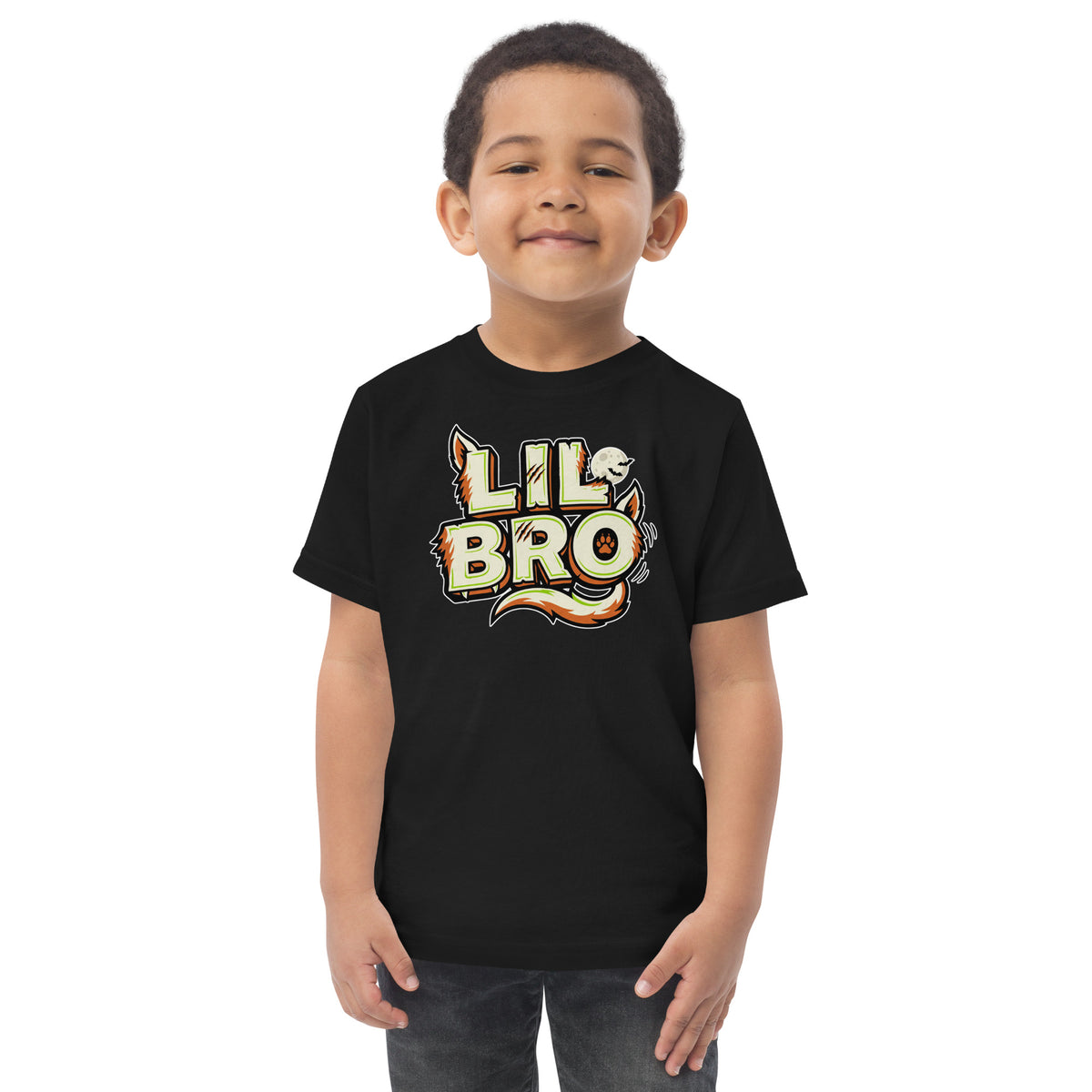 LIL BRO Halloween monster name Toddler Jersey T-Shirt in Navy with spooky front lettering and blank back