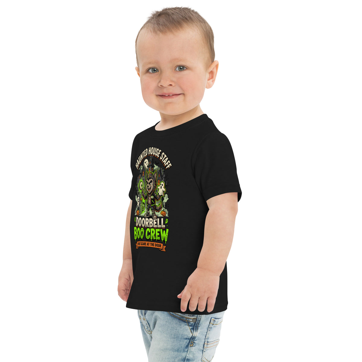 Haunted House Staff Lil Bro “Doorbell Boo Crew” Toddler Jersey T-Shirt with Doorbell Boo Crew front design and matching LIL BRO back graphic for Halloween family outfits