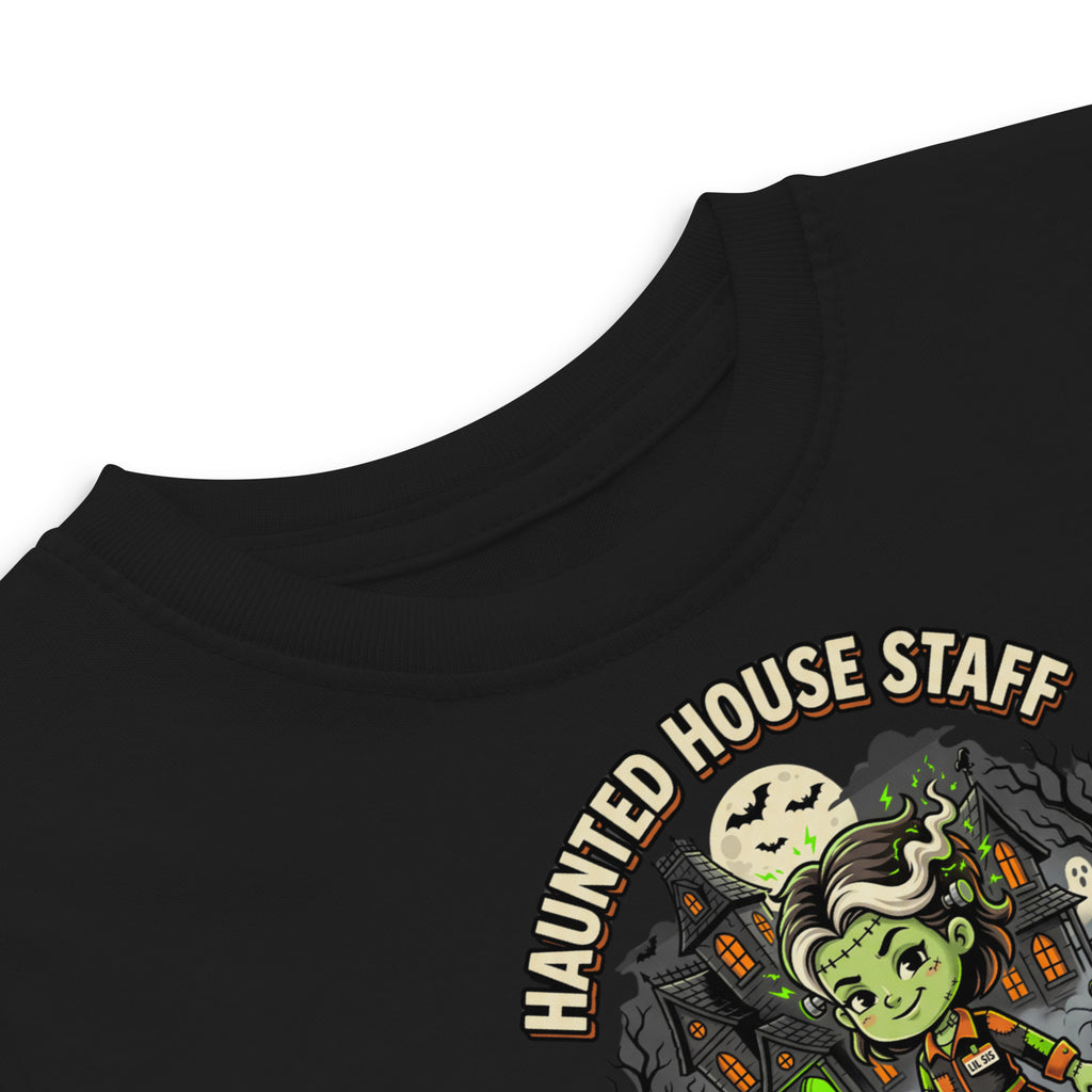 Haunted House Staff Lil Sis “Pumpkin Patch Patrol” Toddler Jersey T-Shirt with Pumpkin Patch Patrol front design and matching LIL SIS back graphic for Halloween family outfits