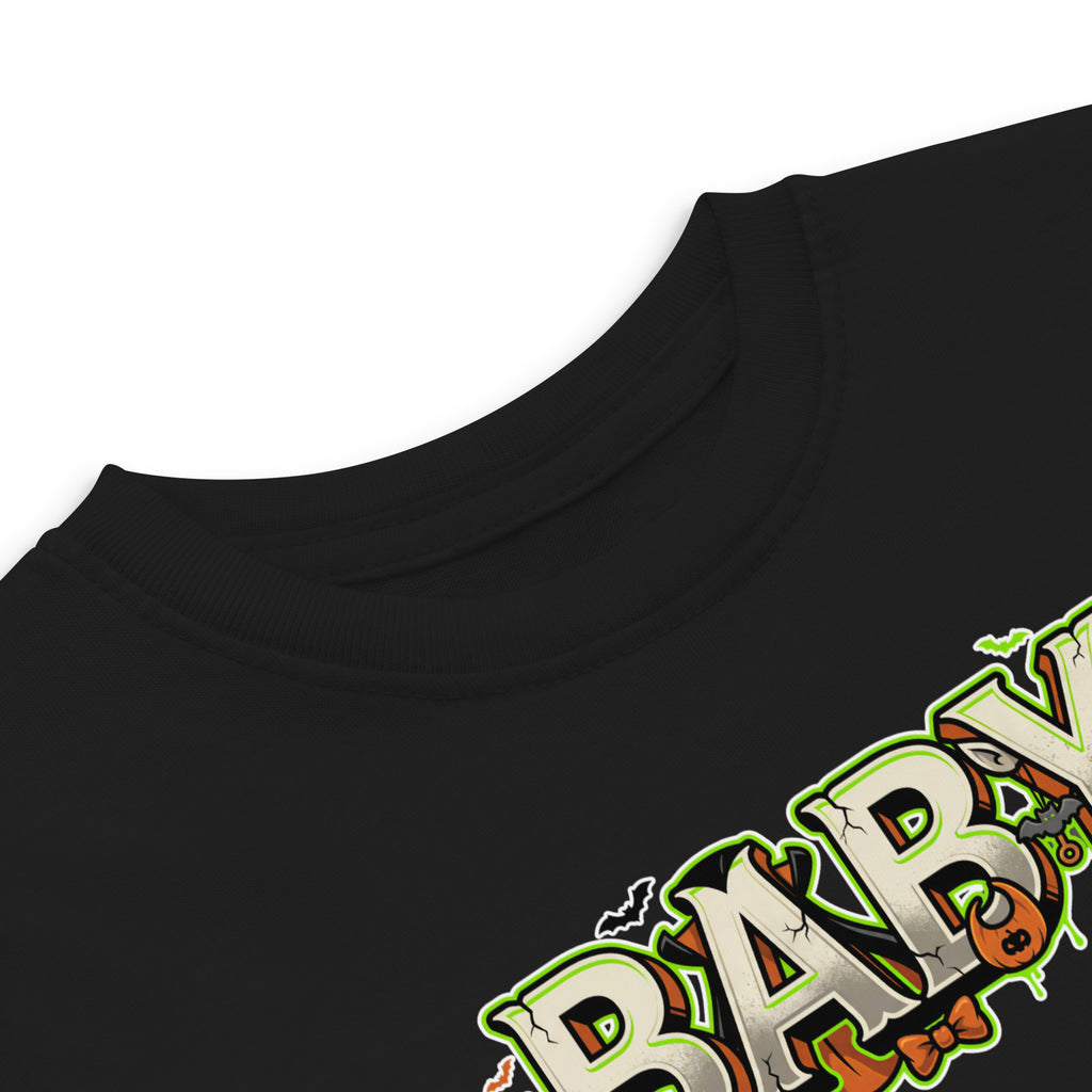 BABY Halloween monster name Toddler Jersey T-Shirt in White with spooky front lettering and blank back