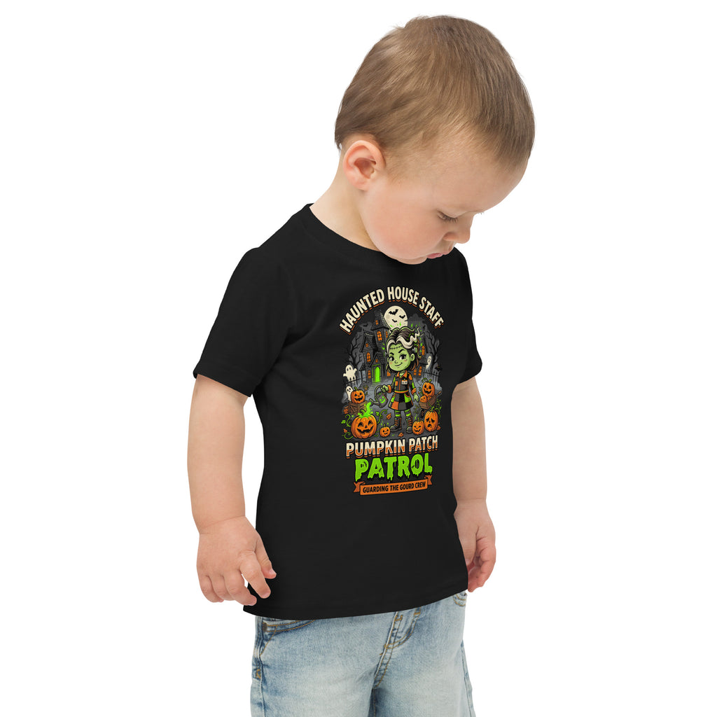 Haunted House Staff Lil Sis “Pumpkin Patch Patrol” Toddler Jersey T-Shirt with Pumpkin Patch Patrol front design and matching LIL SIS back graphic for Halloween family outfits