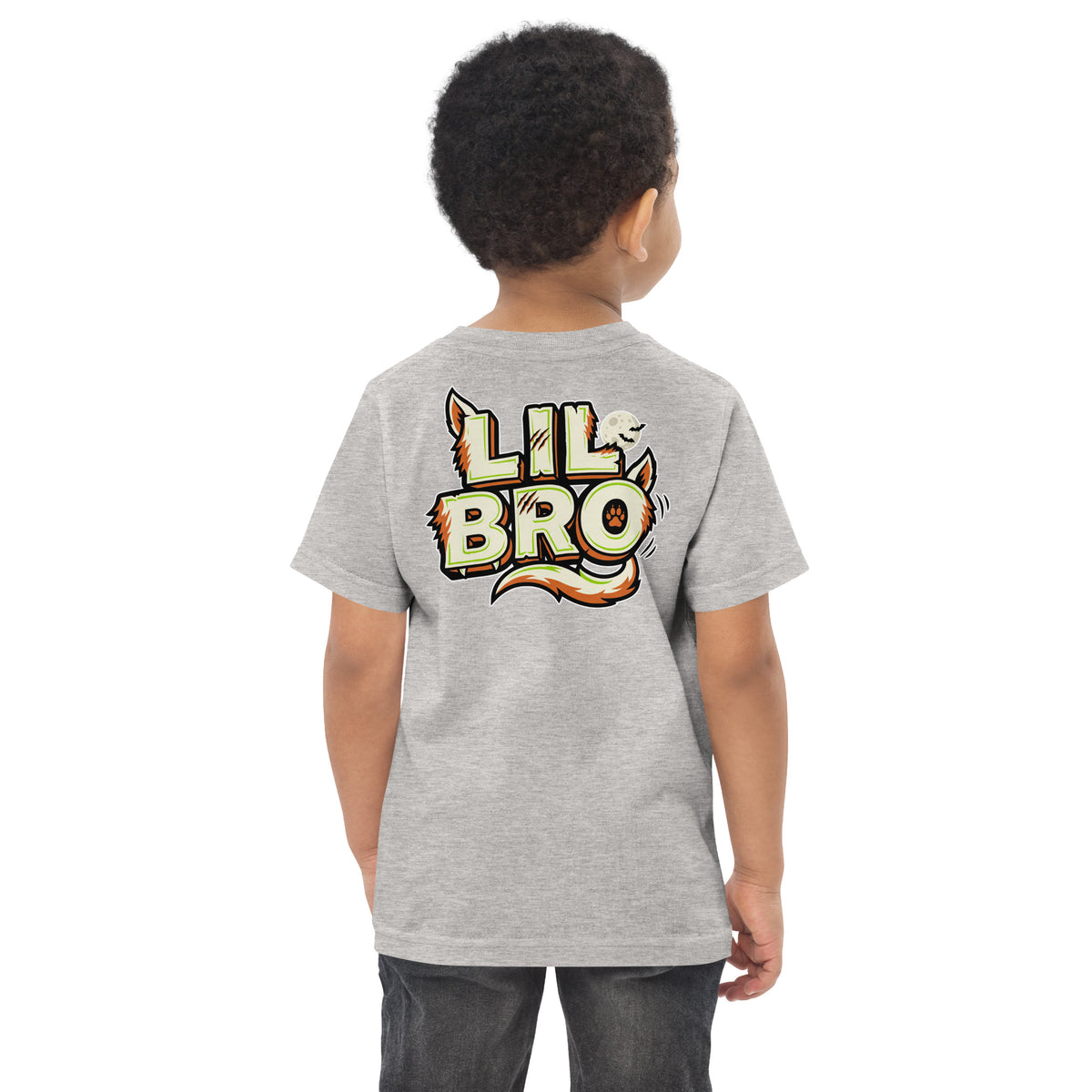 Haunted House Staff Lil Bro “Doorbell Boo Crew” Toddler Jersey T-Shirt with Doorbell Boo Crew front design and matching LIL BRO back graphic for Halloween family outfits