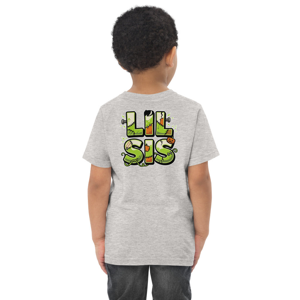 Haunted House Staff Lil Sis “Pumpkin Patch Patrol” Toddler Jersey T-Shirt with Pumpkin Patch Patrol front design and matching LIL SIS back graphic for Halloween family outfits