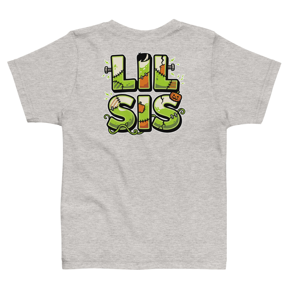 Haunted House Staff Lil Sis “Pumpkin Patch Patrol” Toddler Jersey T-Shirt with Pumpkin Patch Patrol front design and matching LIL SIS back graphic for Halloween family outfits