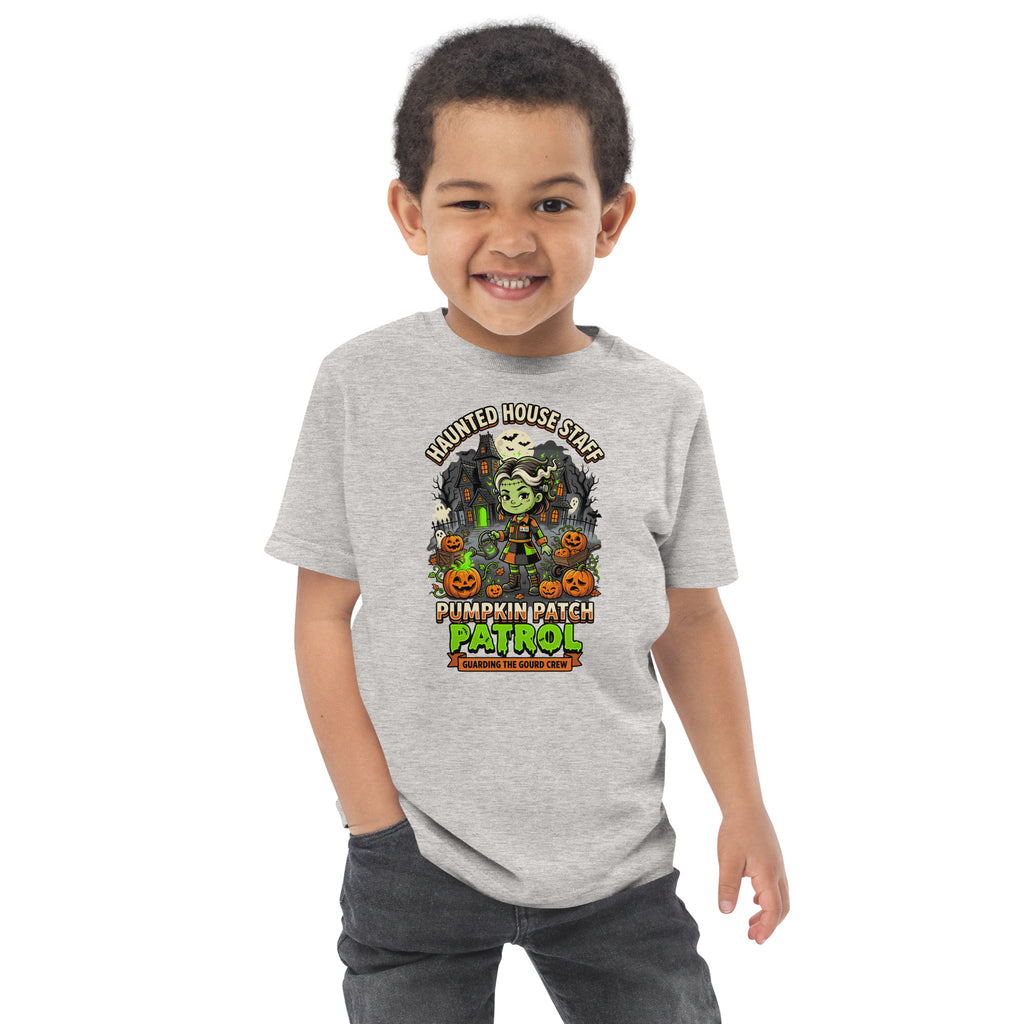 Haunted House Staff Lil Sis “Pumpkin Patch Patrol” Toddler Jersey T-Shirt with Pumpkin Patch Patrol front design and matching LIL SIS back graphic for Halloween family outfits