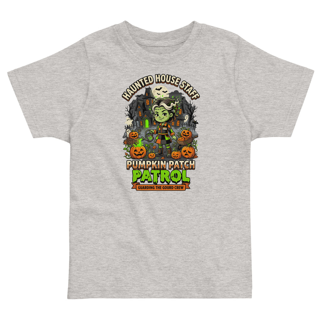 Haunted House Staff Lil Sis “Pumpkin Patch Patrol” Toddler Jersey T-Shirt with Pumpkin Patch Patrol front design and matching LIL SIS back graphic for Halloween family outfits