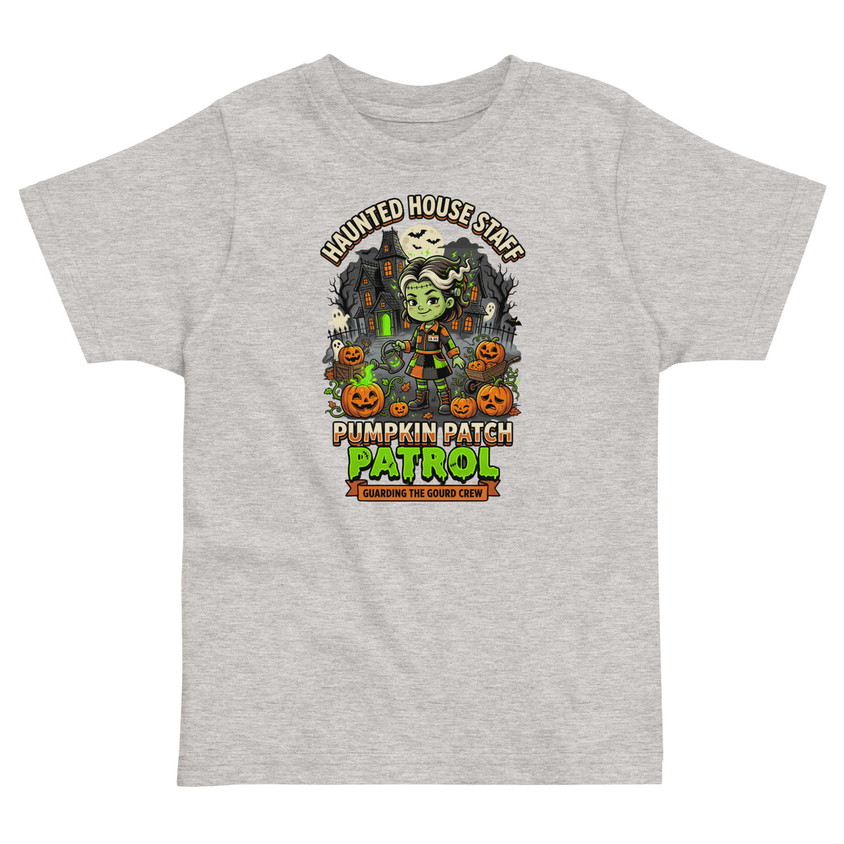 Haunted House Staff Lil Sis “Pumpkin Patch Patrol” Toddler Jersey T-Shirt with Pumpkin Patch Patrol front design and matching LIL SIS back graphic for Halloween family outfits