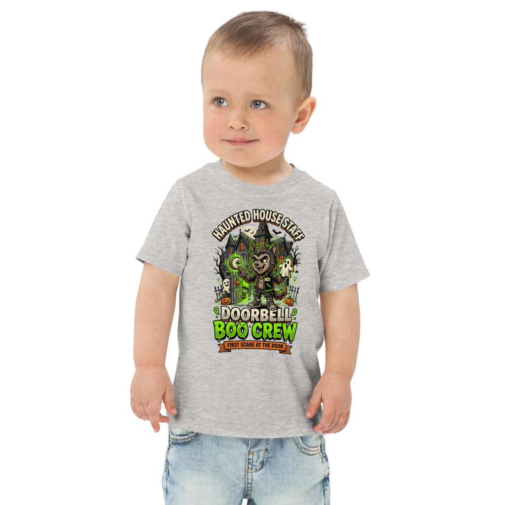 Haunted House Staff Lil Bro “Doorbell Boo Crew” Toddler Jersey T-Shirt with Doorbell Boo Crew front design and matching LIL BRO back graphic for Halloween family outfits