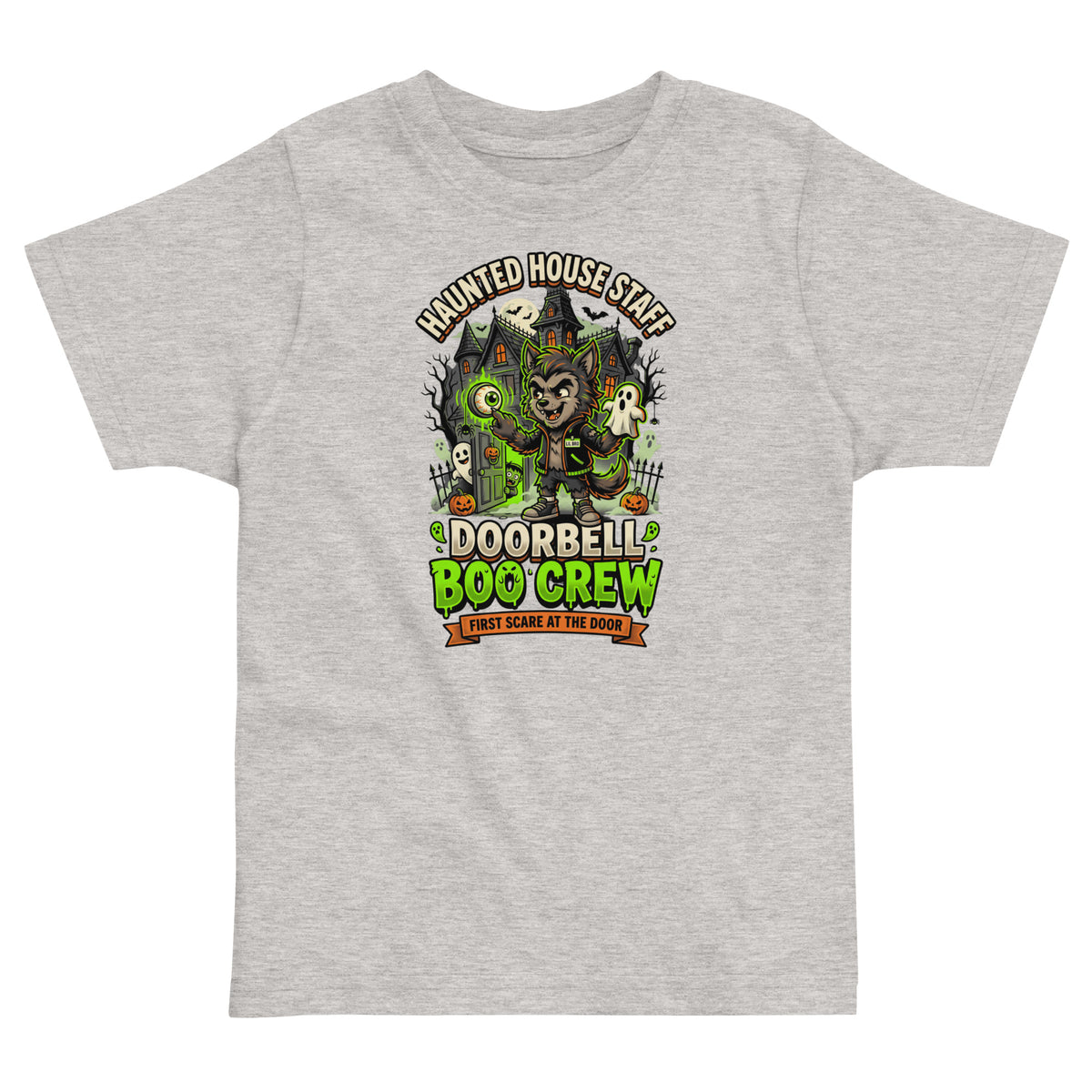 Haunted House Staff Lil Bro “Doorbell Boo Crew” Toddler Jersey T-Shirt with Doorbell Boo Crew front design and matching LIL BRO back graphic for Halloween family outfits