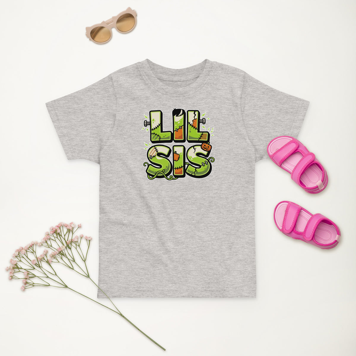 LIL SIS Halloween monster name Toddler Jersey T-Shirt in Heather with spooky front lettering and blank back