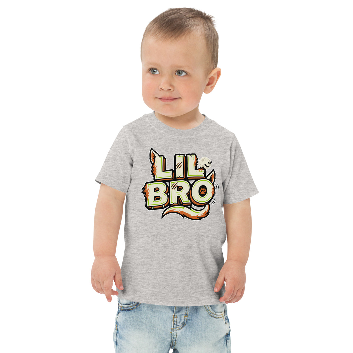 LIL BRO Halloween monster name Toddler Jersey T-Shirt in Heather with spooky front lettering and blank back