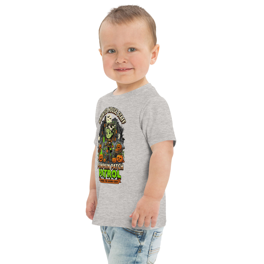 Haunted House Staff Lil Sis “Pumpkin Patch Patrol” Toddler Jersey T-Shirt with Pumpkin Patch Patrol front design and matching LIL SIS back graphic for Halloween family outfits