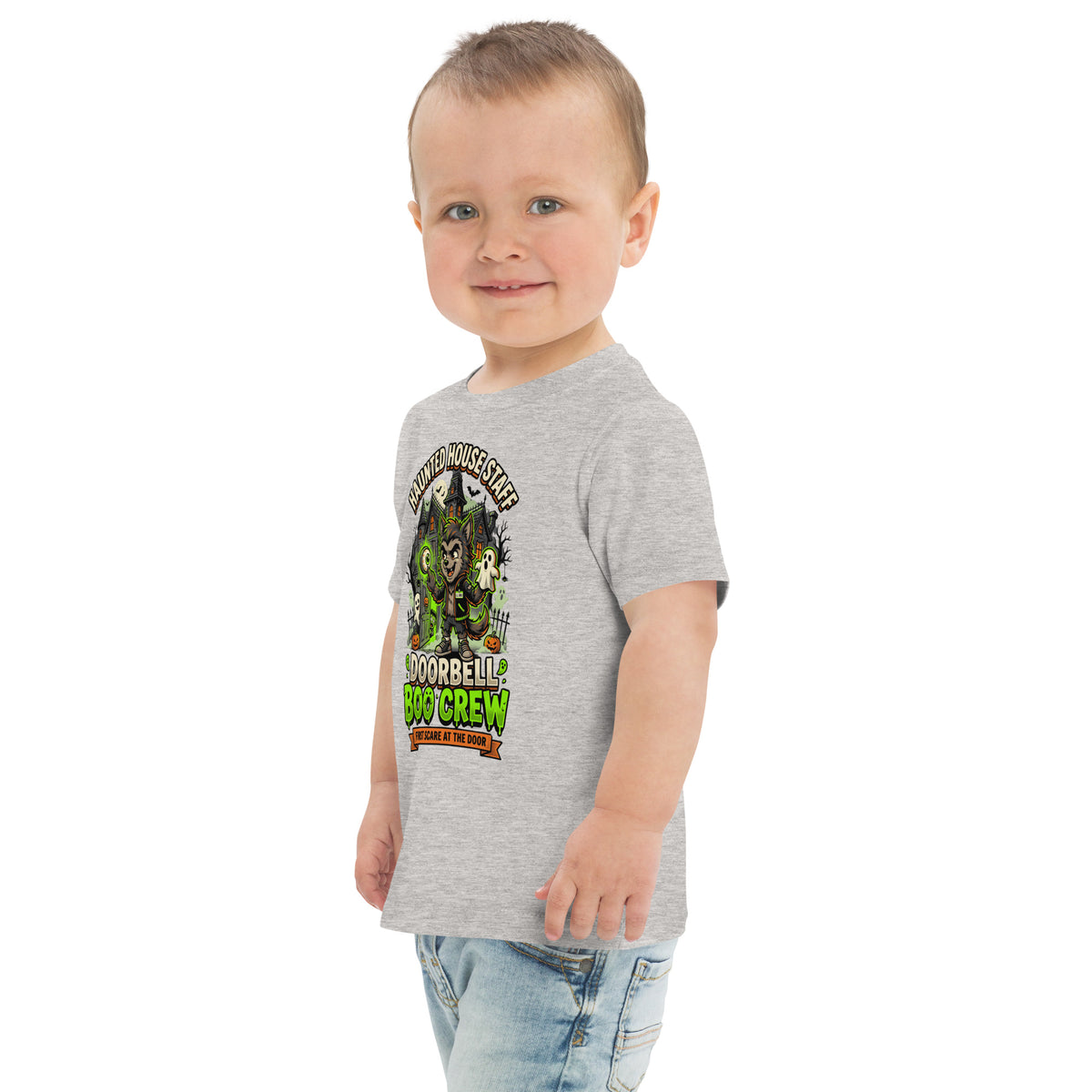Haunted House Staff Lil Bro “Doorbell Boo Crew” Toddler Jersey T-Shirt with Doorbell Boo Crew front design and matching LIL BRO back graphic for Halloween family outfits
