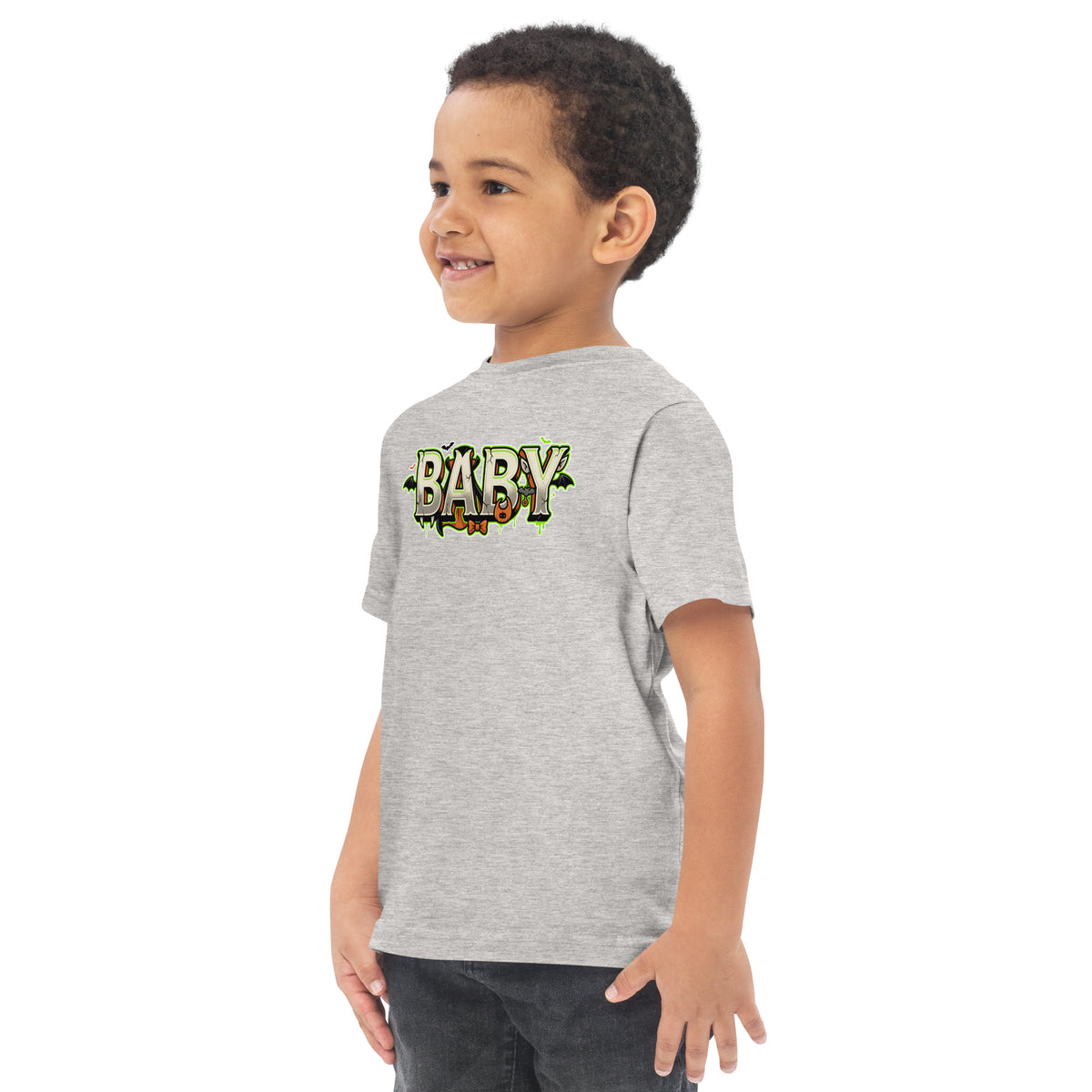 BABY Halloween monster name Toddler Jersey T-Shirt in Navy with spooky front lettering and blank back