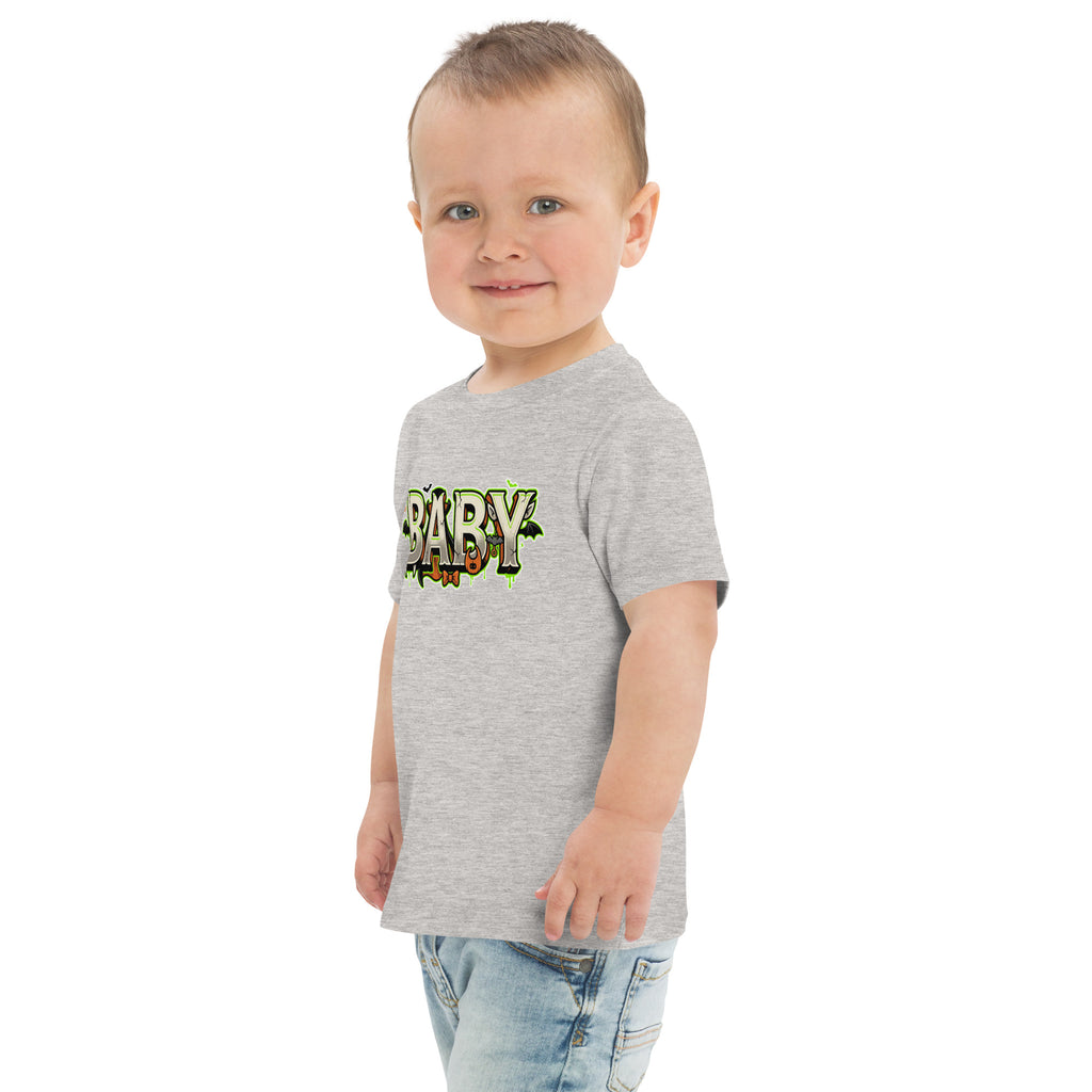 BABY Halloween monster name Toddler Jersey T-Shirt in Heather with spooky front lettering and blank back