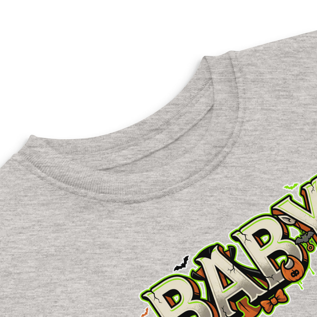 BABY Halloween monster name Toddler Jersey T-Shirt in White with spooky front lettering and blank back