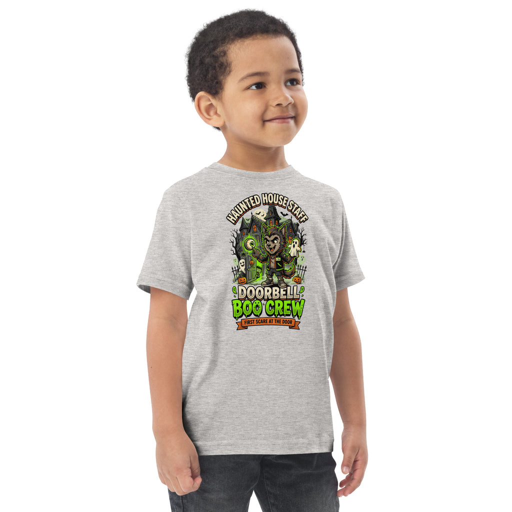 Haunted House Staff Lil Bro “Doorbell Boo Crew” Toddler Jersey T-Shirt with Doorbell Boo Crew front design and matching LIL BRO back graphic for Halloween family outfits