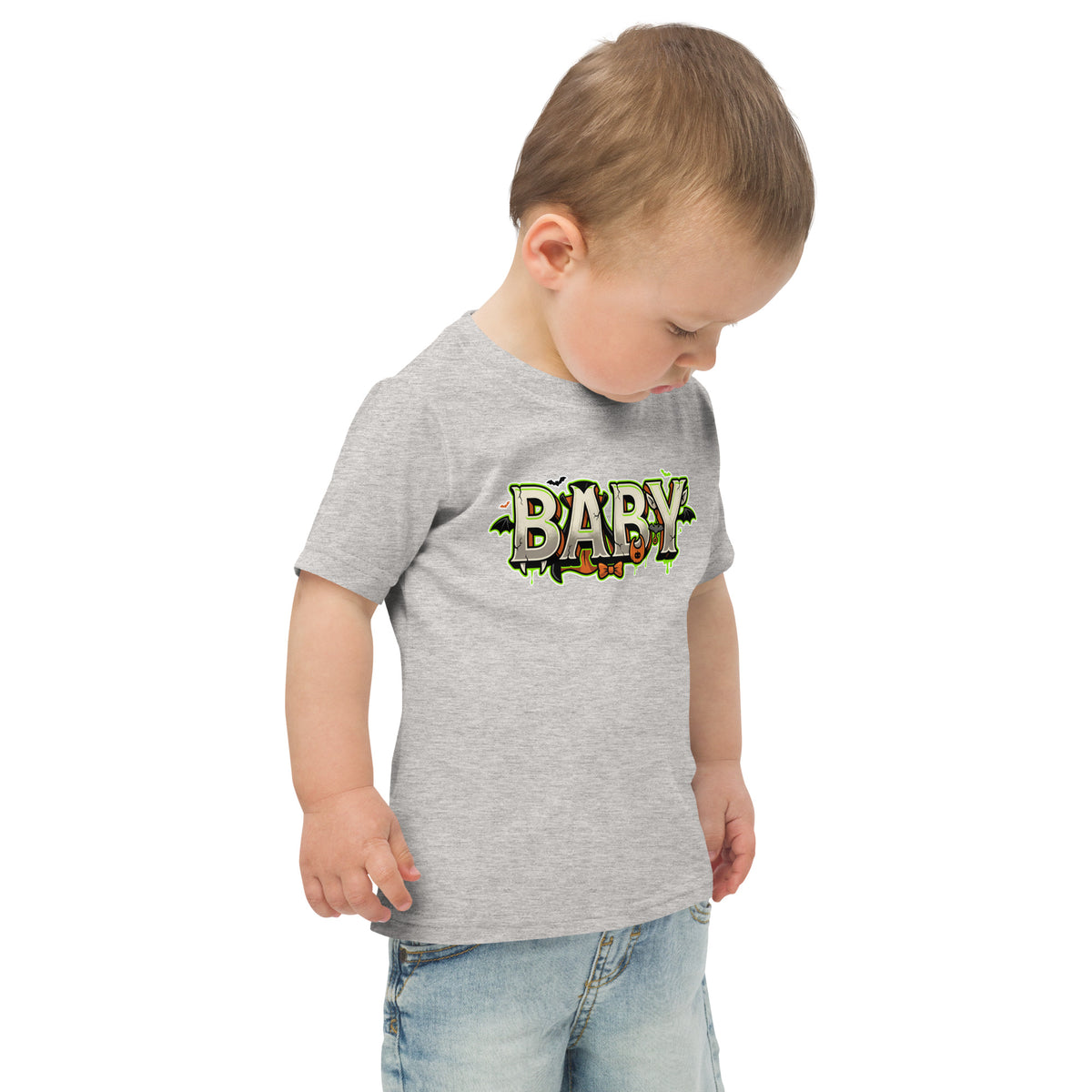 BABY Halloween monster name Toddler Jersey T-Shirt in Heather with spooky front lettering and blank back