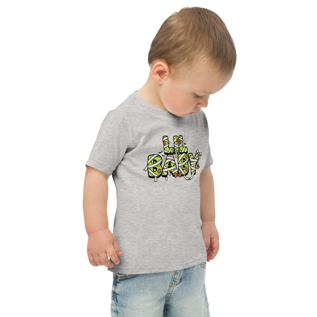 LIL BABY Halloween monster name Toddler Jersey T-Shirt in Heather with spooky front lettering and blank back