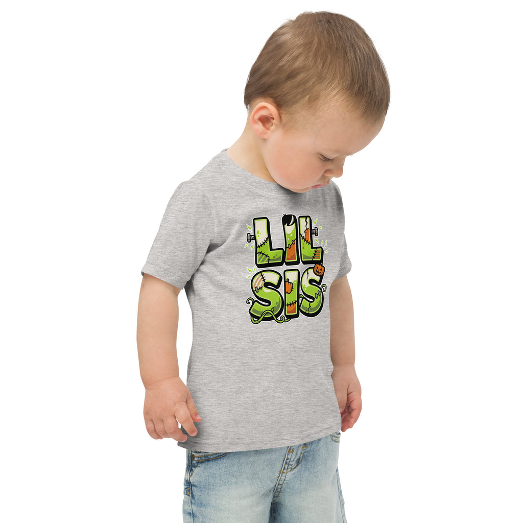 LIL SIS Halloween monster name Toddler Jersey T-Shirt in Navy with spooky front lettering and blank back