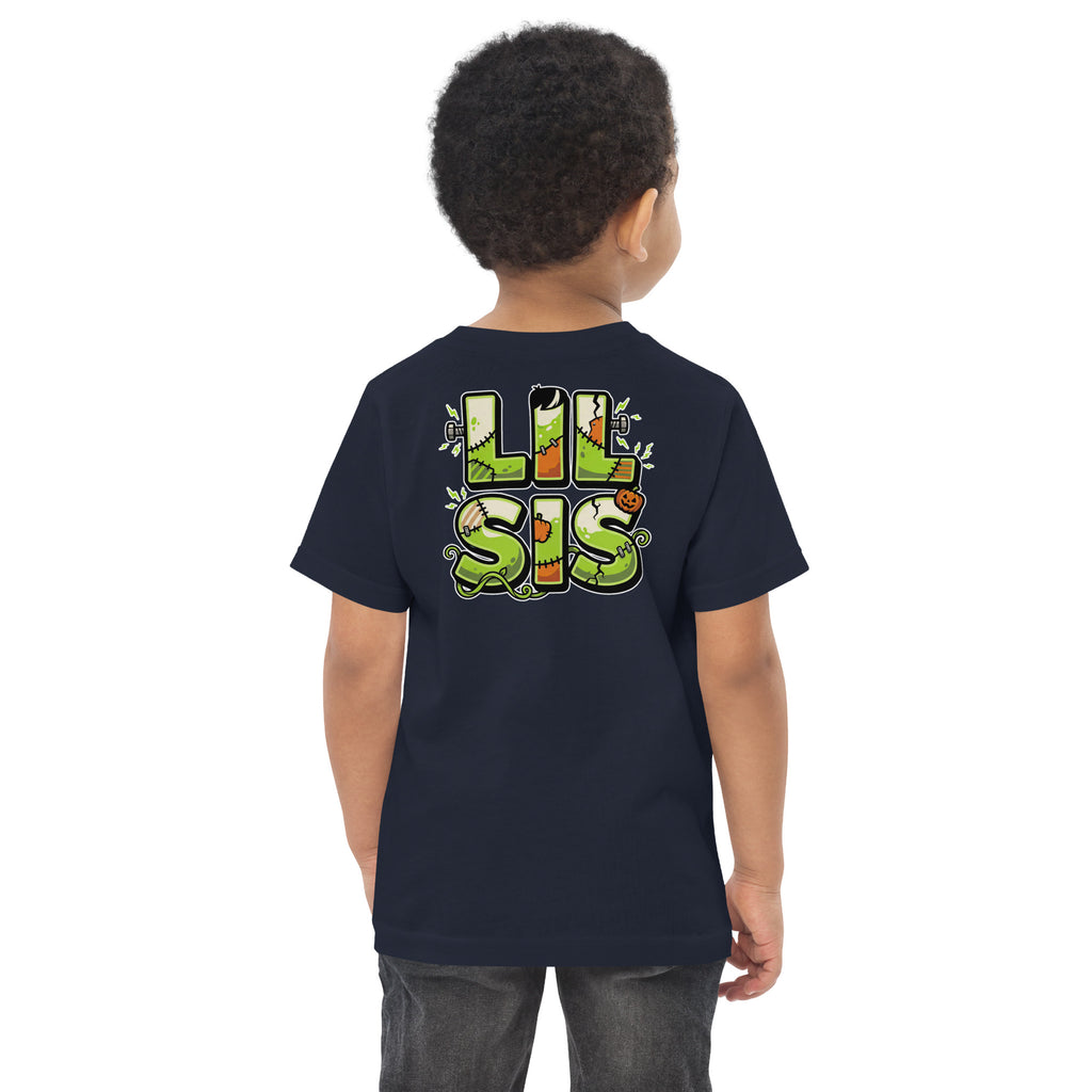 Haunted House Staff Lil Sis “Pumpkin Patch Patrol” Toddler Jersey T-Shirt with Pumpkin Patch Patrol front design and matching LIL SIS back graphic for Halloween family outfits