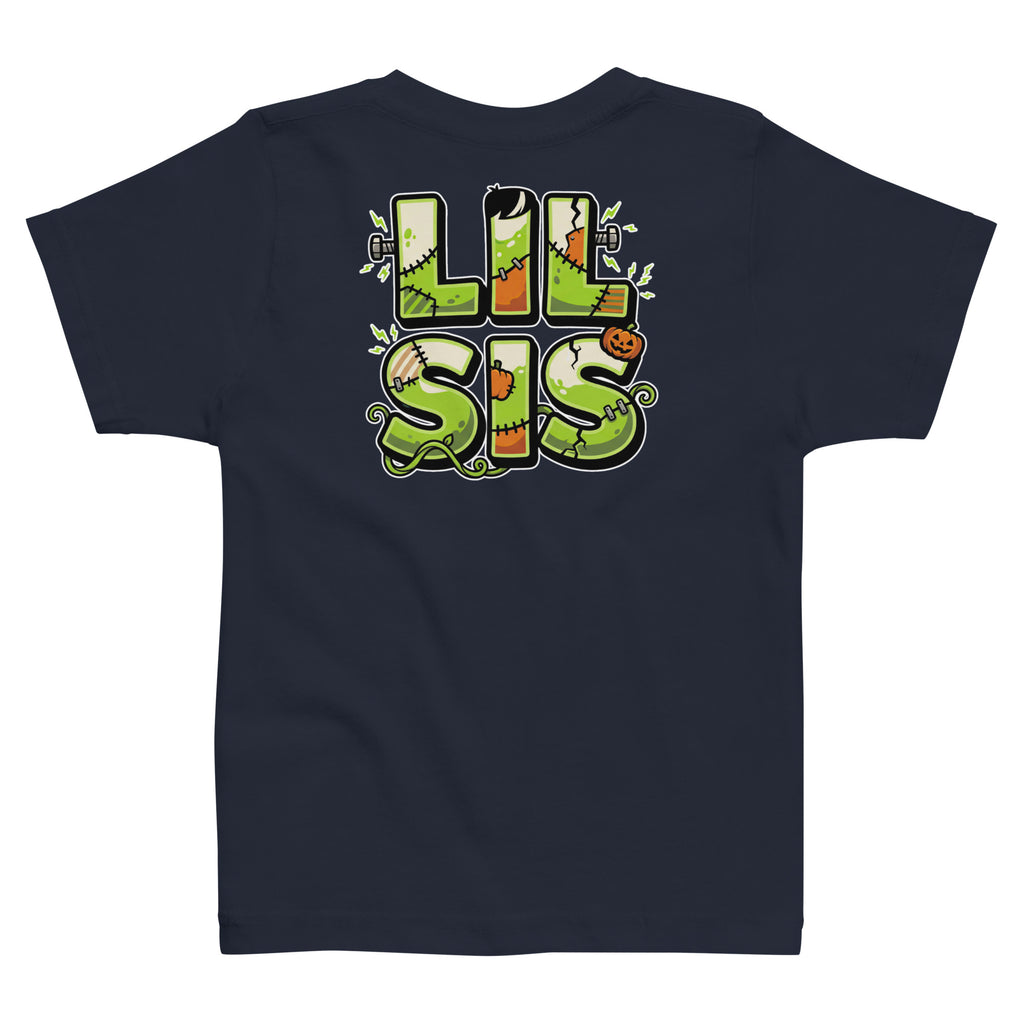 Haunted House Staff Lil Sis “Pumpkin Patch Patrol” Toddler Jersey T-Shirt with Pumpkin Patch Patrol front design and matching LIL SIS back graphic for Halloween family outfits