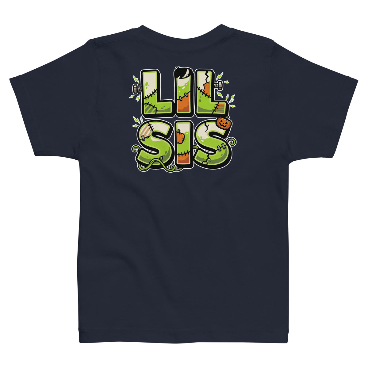 Haunted House Staff Lil Sis “Pumpkin Patch Patrol” Toddler Jersey T-Shirt with Pumpkin Patch Patrol front design and matching LIL SIS back graphic for Halloween family outfits