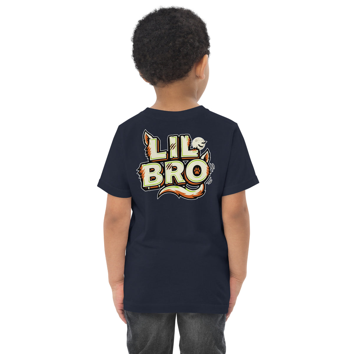 Haunted House Staff Lil Bro “Doorbell Boo Crew” Toddler Jersey T-Shirt with Doorbell Boo Crew front design and matching LIL BRO back graphic for Halloween family outfits