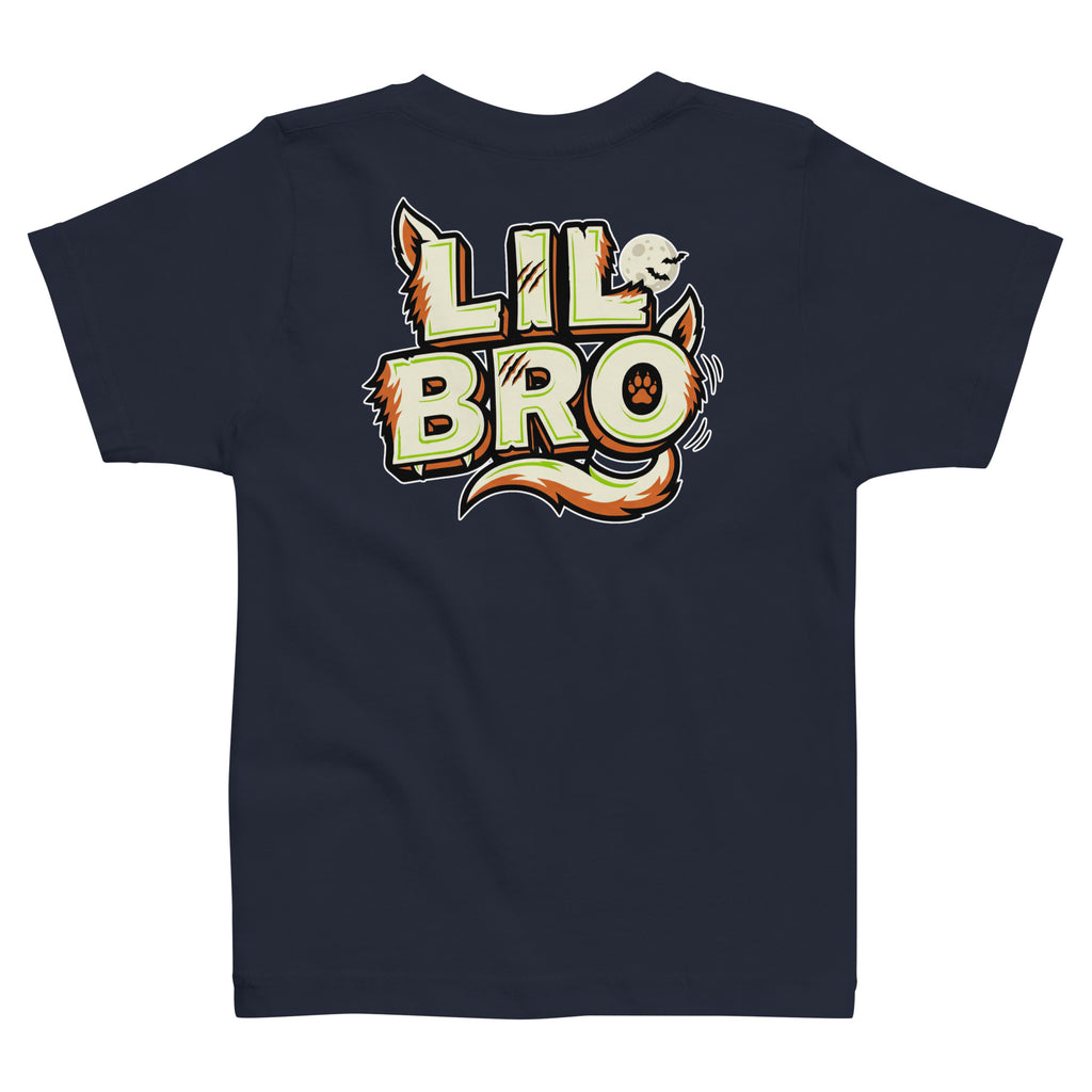 Haunted House Staff Lil Bro “Doorbell Boo Crew” Toddler Jersey T-Shirt with Doorbell Boo Crew front design and matching LIL BRO back graphic for Halloween family outfits