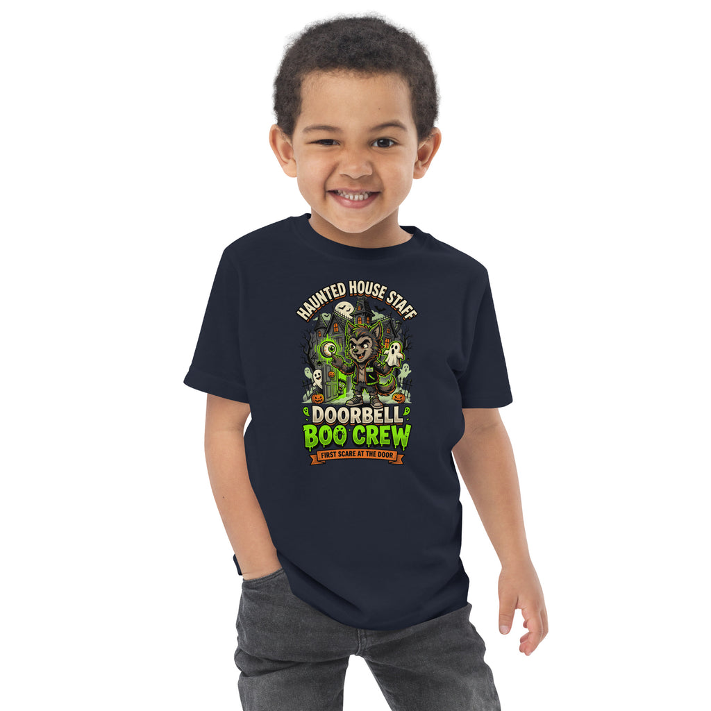 Haunted House Staff Lil Bro “Doorbell Boo Crew” Toddler Jersey T-Shirt with Doorbell Boo Crew front design and matching LIL BRO back graphic for Halloween family outfits