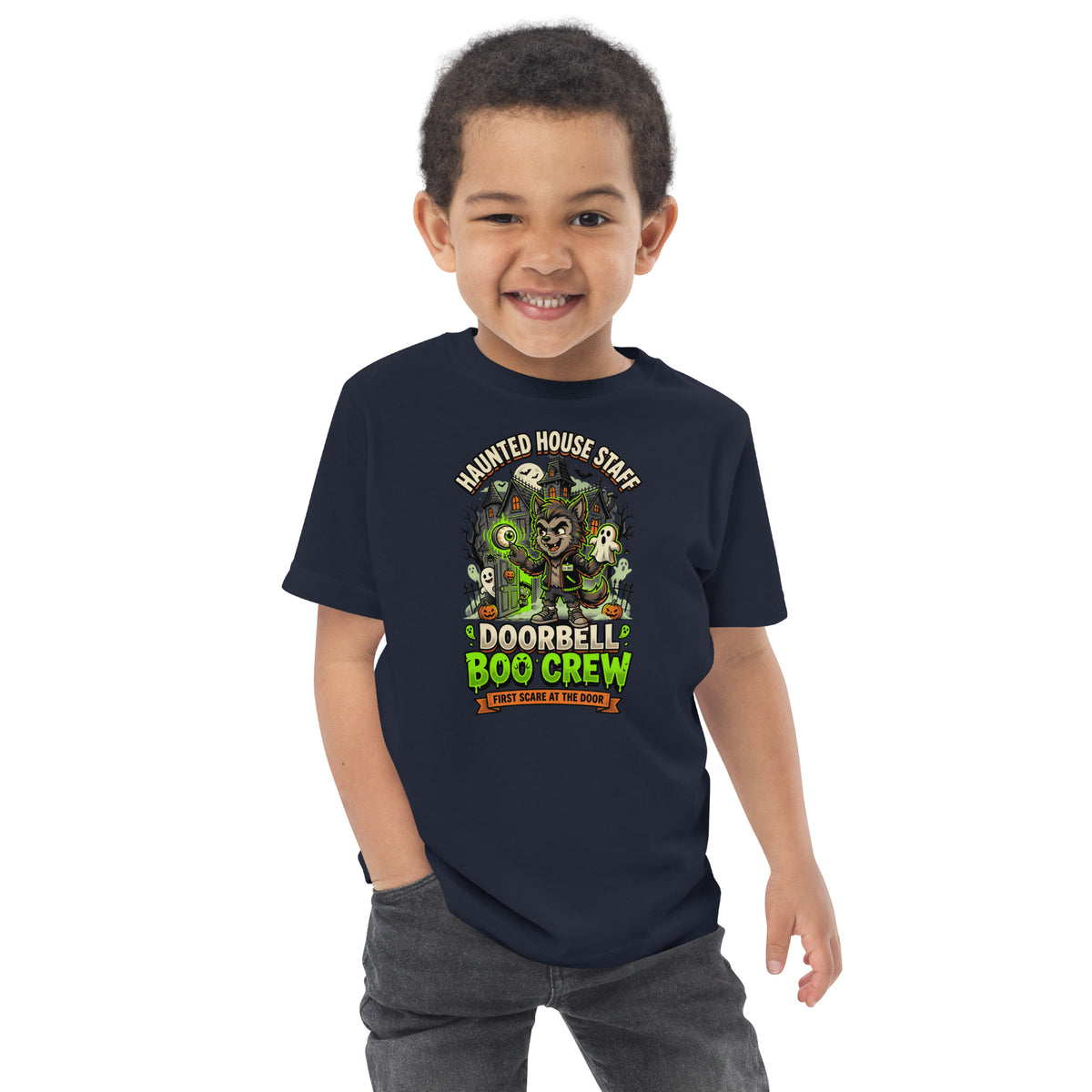 Haunted House Staff Lil Bro “Doorbell Boo Crew” Toddler Jersey T-Shirt with Doorbell Boo Crew front design and matching LIL BRO back graphic for Halloween family outfits