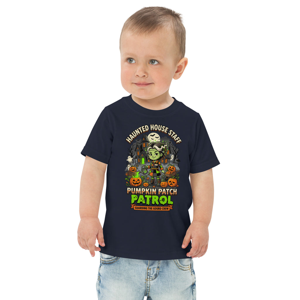 Haunted House Staff Lil Sis “Pumpkin Patch Patrol” Toddler Jersey T-Shirt with Pumpkin Patch Patrol front design and matching LIL SIS back graphic for Halloween family outfits