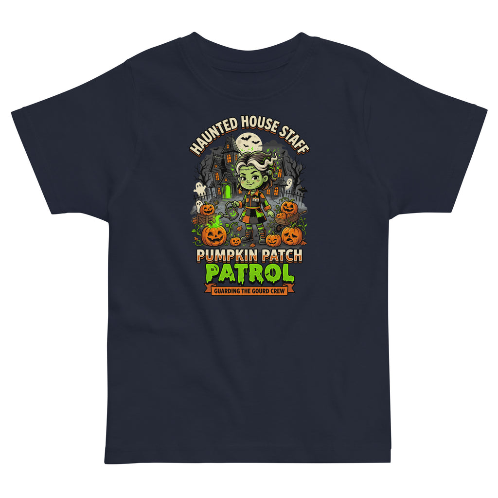 Haunted House Staff Lil Sis “Pumpkin Patch Patrol” Toddler Jersey T-Shirt with Pumpkin Patch Patrol front design and matching LIL SIS back graphic for Halloween family outfits