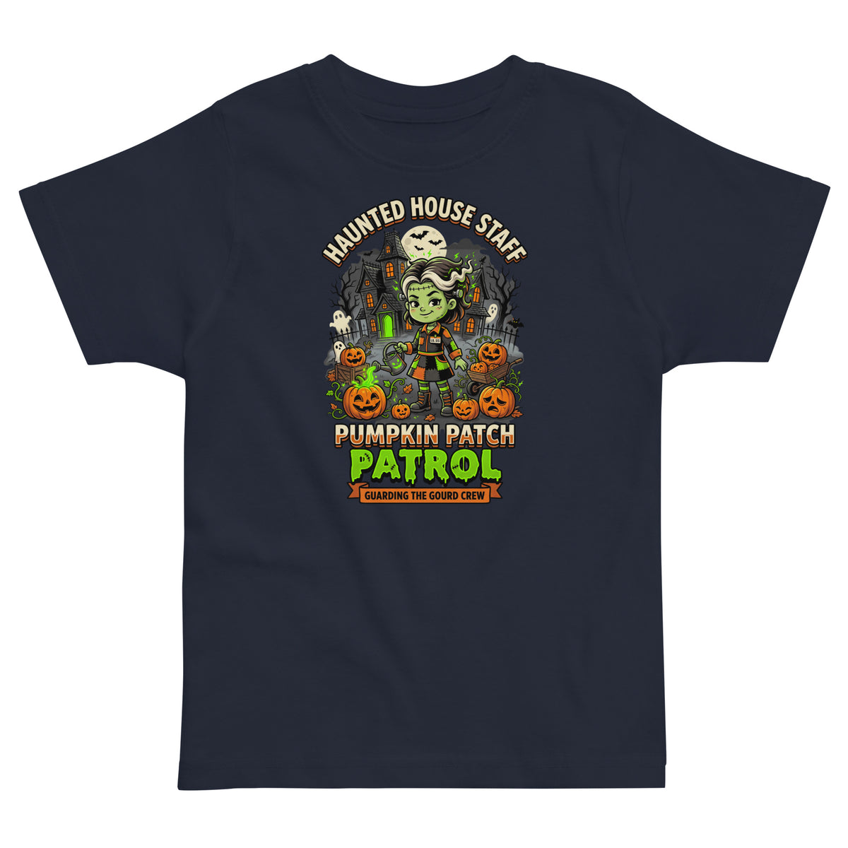 Haunted House Staff Lil Sis “Pumpkin Patch Patrol” Toddler Jersey T-Shirt with Pumpkin Patch Patrol front design and matching LIL SIS back graphic for Halloween family outfits