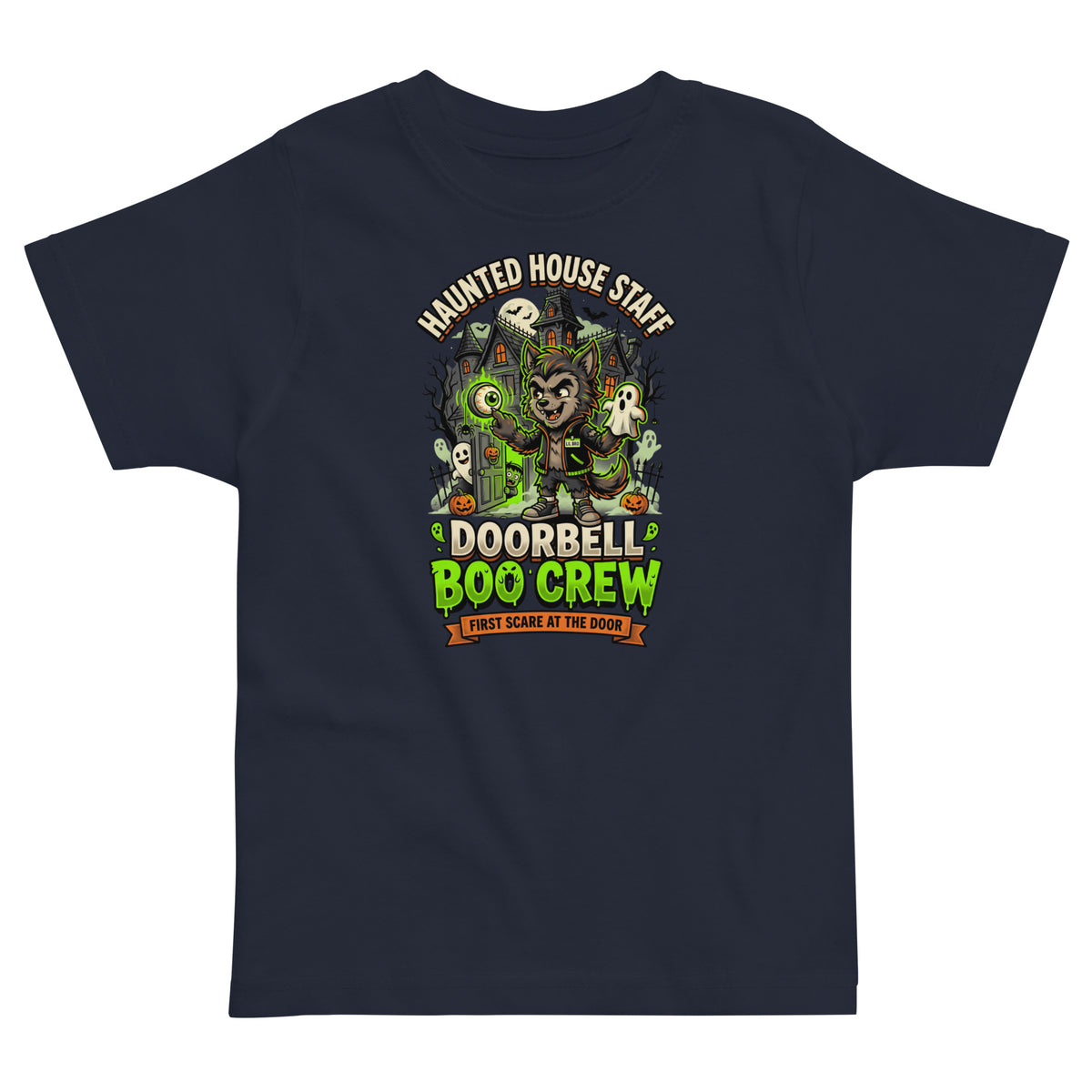 Haunted House Staff Lil Bro “Doorbell Boo Crew” Toddler Jersey T-Shirt with Doorbell Boo Crew front design and matching LIL BRO back graphic for Halloween family outfits