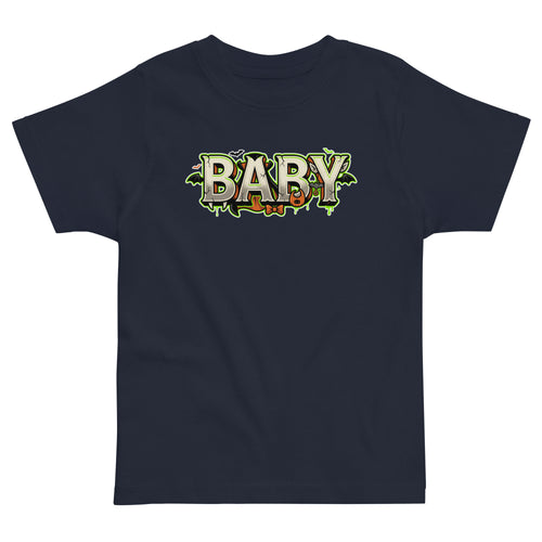 BABY Halloween monster name Toddler Jersey T-Shirt in Black with spooky front lettering and blank back