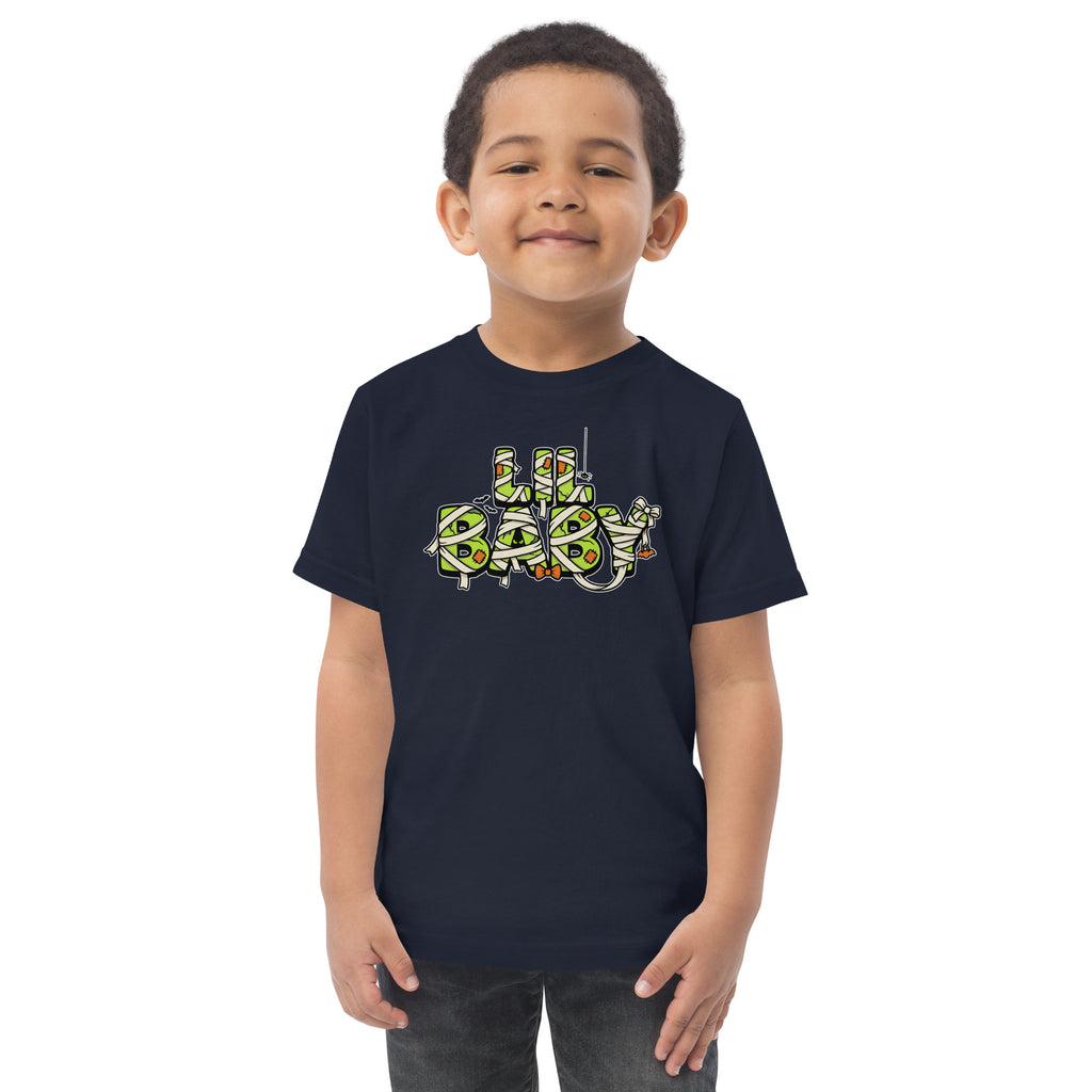 LIL BABY Halloween monster name Toddler Jersey T-Shirt in Navy with spooky front lettering and blank back