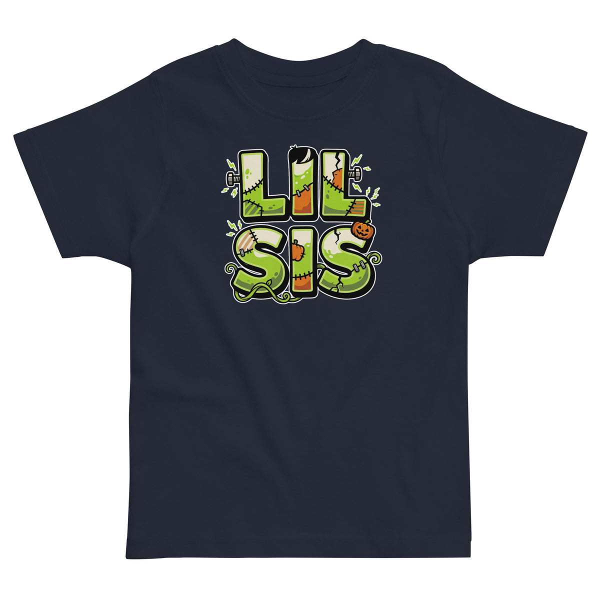 LIL SIS Halloween monster name Toddler Jersey T-Shirt in Black with spooky front lettering and blank back