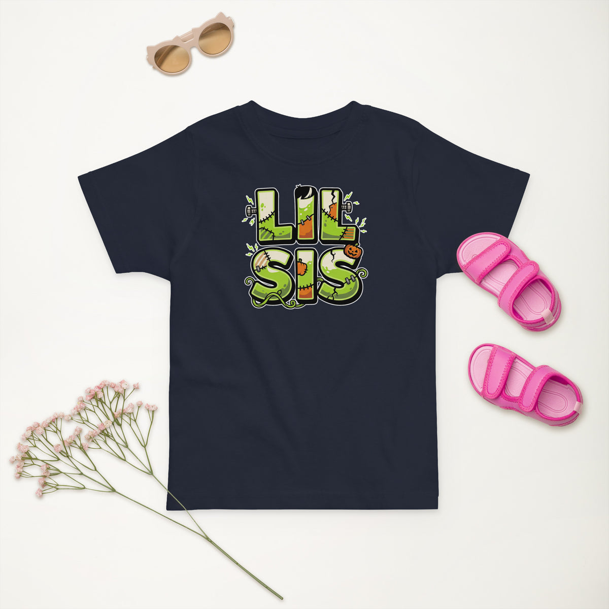 LIL SIS Halloween monster name Toddler Jersey T-Shirt in Heather with spooky front lettering and blank back