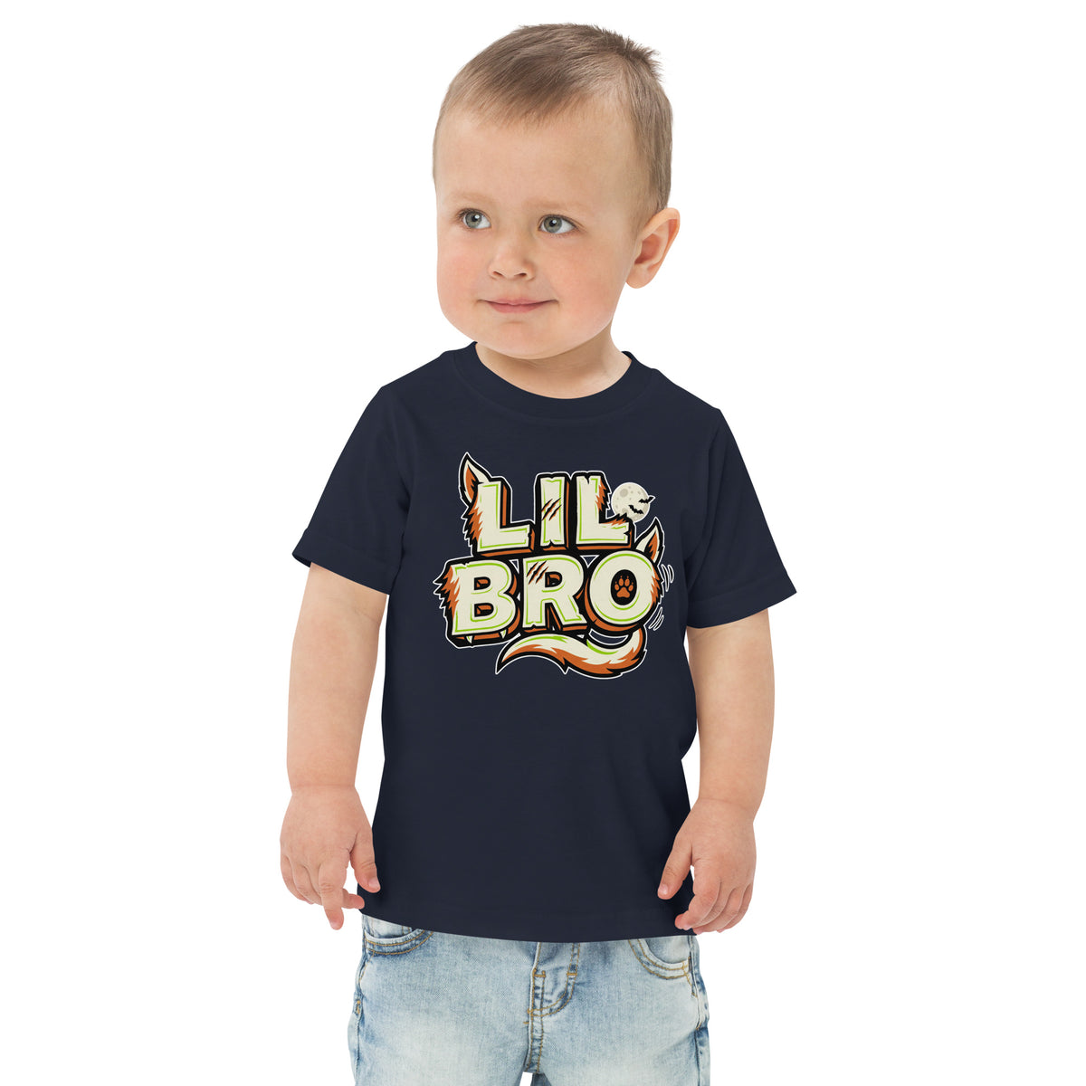 LIL BRO Halloween monster name Toddler Jersey T-Shirt in Heather with spooky front lettering and blank back