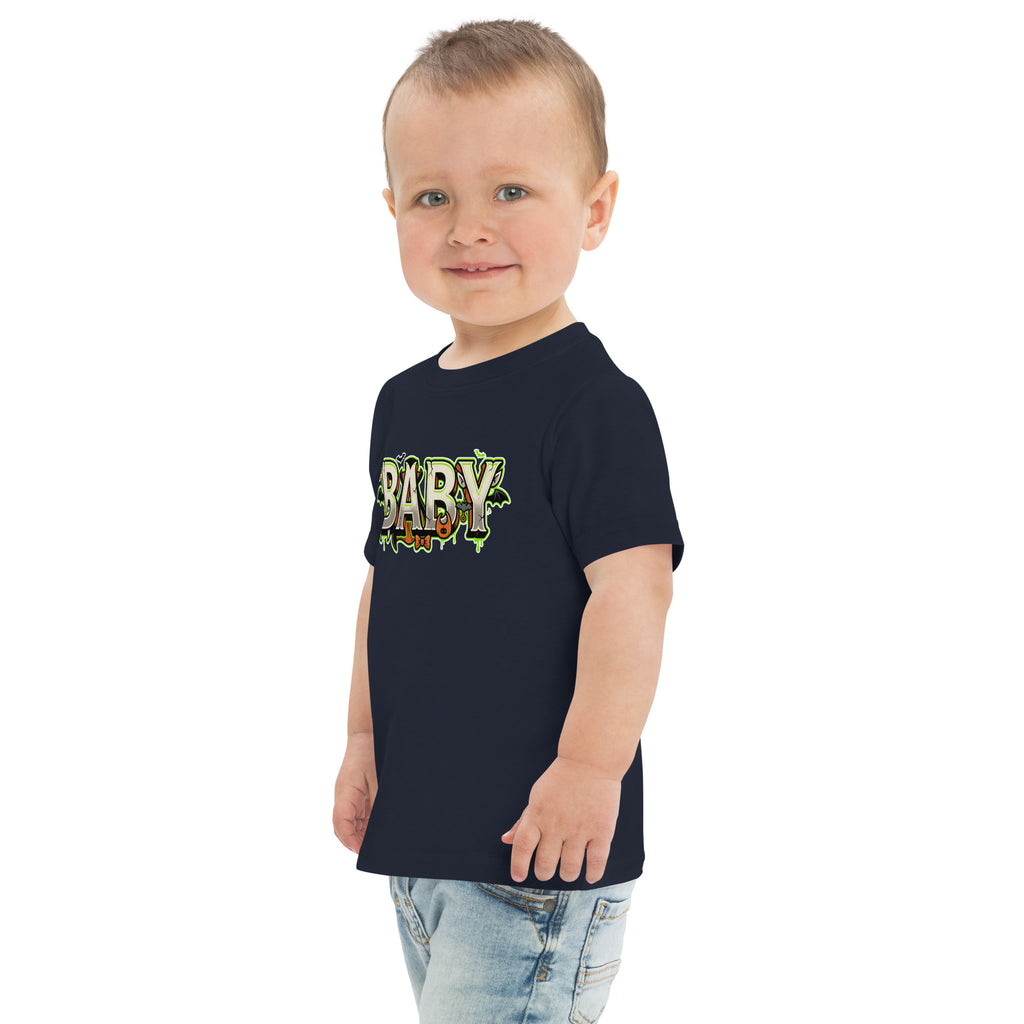 BABY Halloween monster name Toddler Jersey T-Shirt in Heather with spooky front lettering and blank back